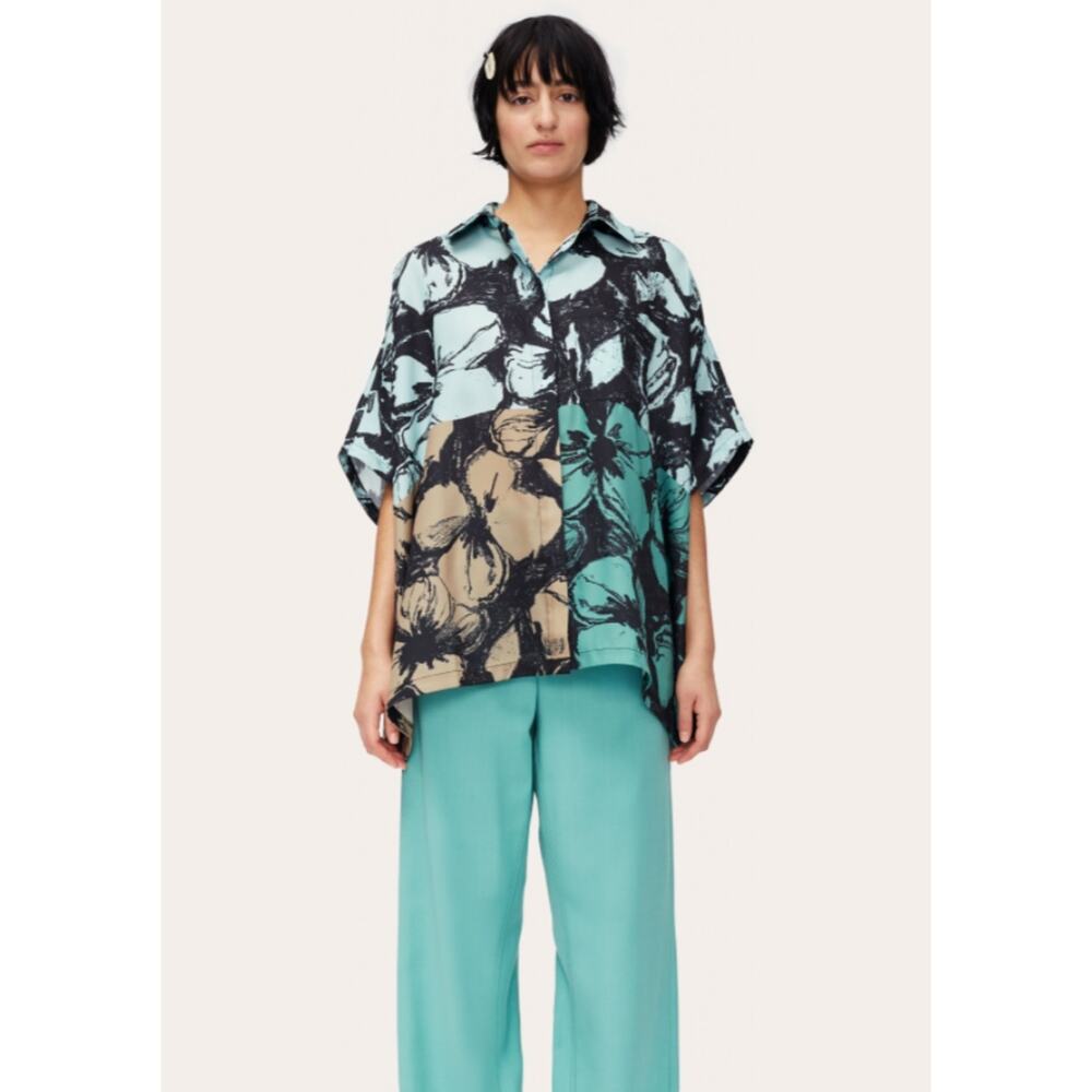 STINE GOYA Abstract Floral Blouse in Black, Teal, and Tan
